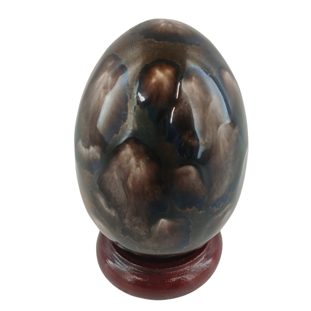 Handcrafted Glazed Ceramic Egg Ornament with Stand Earth Tone Drip Glaze Finish